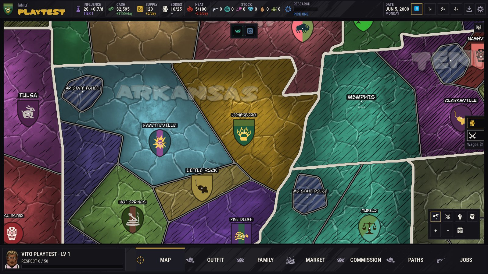 Street-level zoom on Arkansas, each town flying its outfit's crest