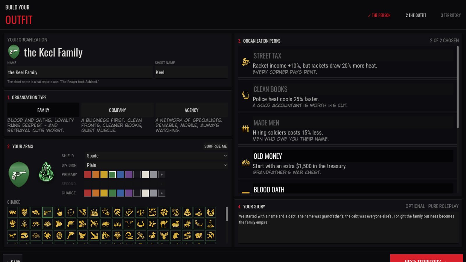 The outfit page: organization name, coat of arms with colour swatches, and starting perks